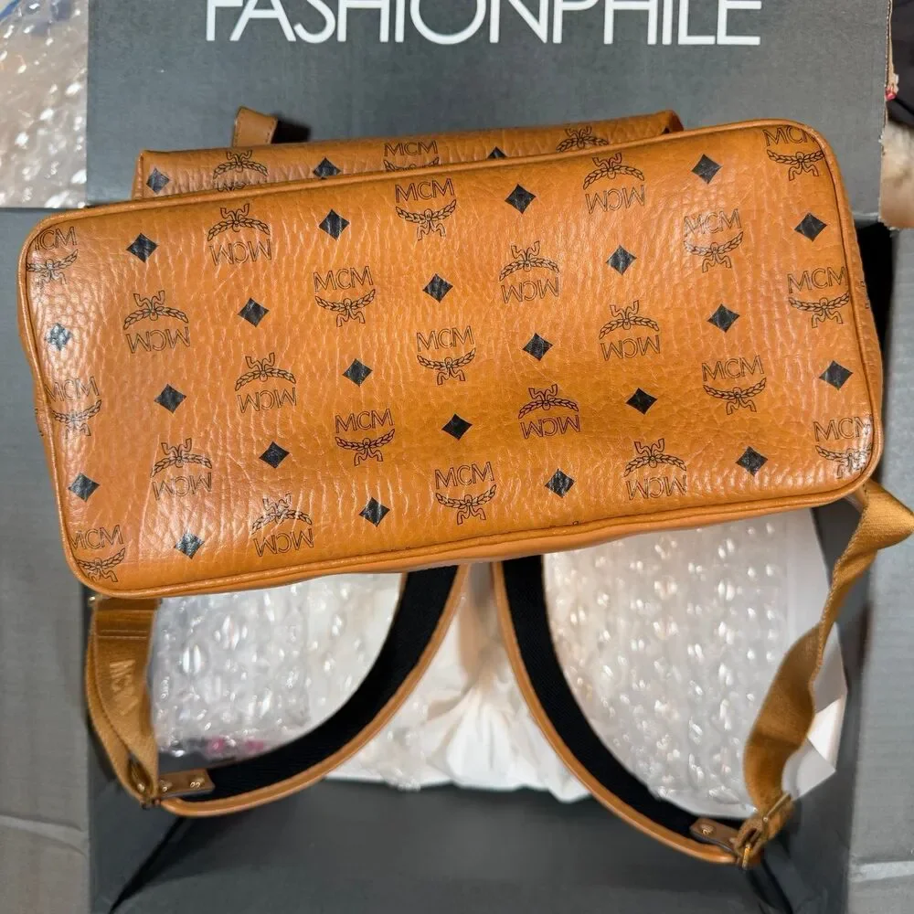 MCM Visetos Studded Medium Stark M Logo Collection Backpack Cognac Monogram